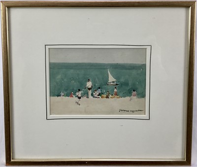 Lot 21 - Norman Wilkinson (1878-1971) watercolour - beach scene, signed, 12.5cm x 18cm in glazed gilt frame