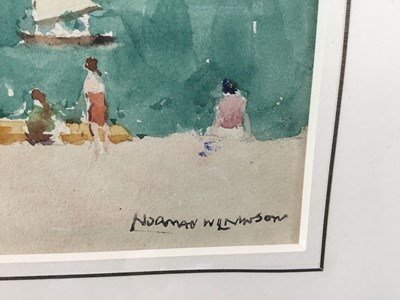 Lot 21 - Norman Wilkinson (1878-1971) watercolour - beach scene, signed, 12.5cm x 18cm in glazed gilt frame