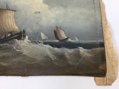 Lot 115 - Manner of John Moore (1824-1908) oil on card, Boats in a storm, together with another marine