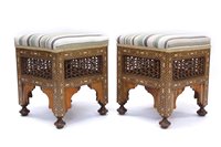 Lot 1352 - Antique pair of Moorish inlaid stools, each...