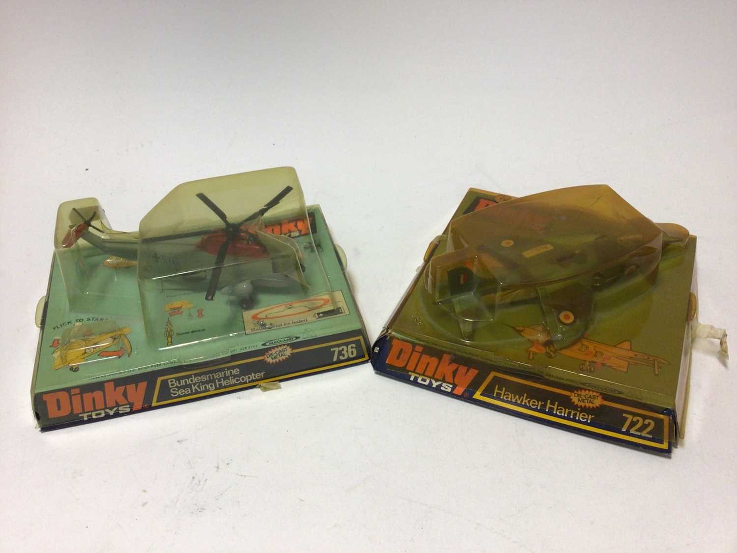 Lot 193 - Dinky Hawker Harrier No.722, Bundesmarine Sea King Helicopter No.736, Jukers JU87B Stuka No.721, Air Sea Resue Launch No.678 and DUKW Amphibian No.681, all boxed (5)