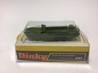 Lot 193 - Dinky Hawker Harrier No.722, Bundesmarine Sea King Helicopter No.736, Jukers JU87B Stuka No.721, Air Sea Resue Launch No.678 and DUKW Amphibian No.681, all boxed (5)