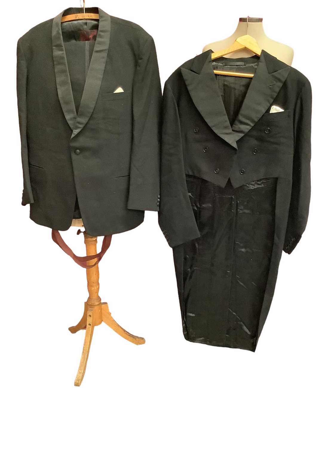 Lot 2063 - Gentlemen's vintage clothing including University of Liverpool blazer, ties, breeches, black dinner jacket, tailcoat and two pairs of black trousers.