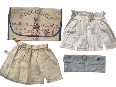 Lot 2064 - A selection of children's vintage clothing including swimsuits and dresses, two small embroidery samplers,one initiialed C.J. 1898, embroidered