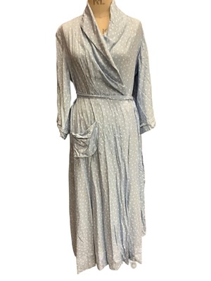 Lot 2068 - Two 1940s dresses, fitted bodices and flare skirts, 1960s Chinese silk pyjamas, Norman Linton gold brocade evening dress, blue and while polka dot dressing ground by Tootal, plus some tops and bl...