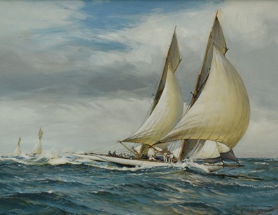 Lot 1236 - Manner of Montague Dawson (1895-1973) watercolour and gouache, yachting scene, bears signature, 41 x 53cm