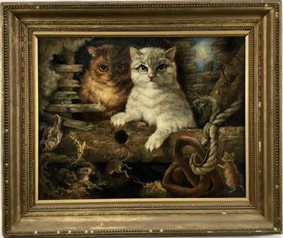 Lot 309 - Late 19th / early 20th century oil on canvas, Menacing cats and mice by moonlight