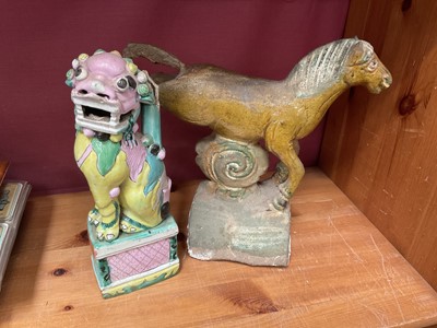 Lot 223 - Antique Chinese ceramic roof tile, in the form of a horse, together with a Chinese dog of fo incense holder