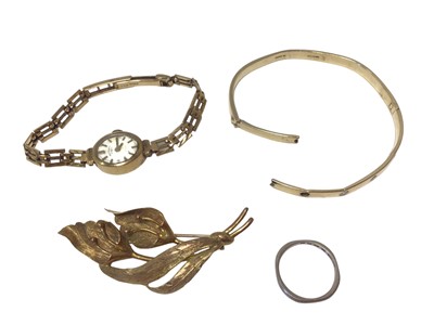 Lot 52 - 18ct white gold wedding ring, 9ct gold bangle, 9ct gold brooch and a 9ct gold Rotary wristwatch