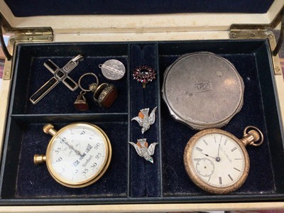 Lot 1001 - Jewellery box containing two antique seal fobs, fold out locket, silver cross pendant, silver powder compact, American Elgin gold plated pocket watch, Hanhart stop watch and other bijouterie