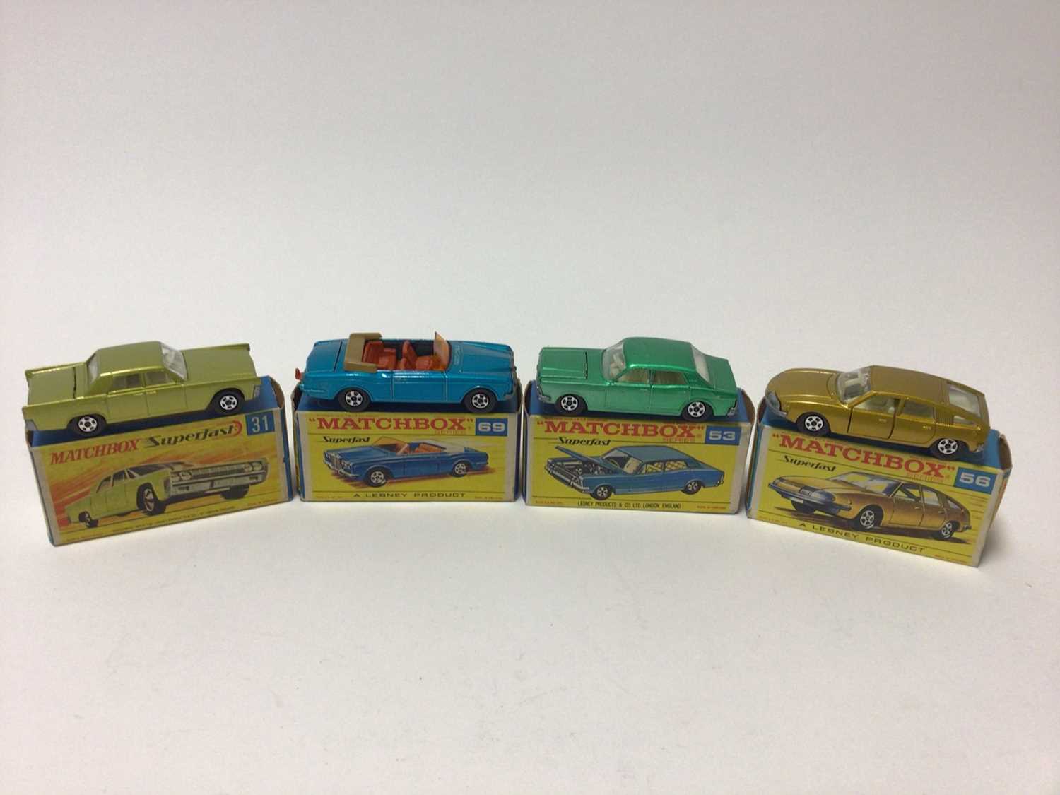 Lot 201 - Matchbox 1-75 Series Superfast models No.31 Lincoln Continental, No.15 Volkswagen, No.14 ISO Grifo, No.53 Ford Zodiac, No.33 Lamborghini Minra P400, No.56 BMC 1800 Pininfarnia, No.62 Mercury Cougar...