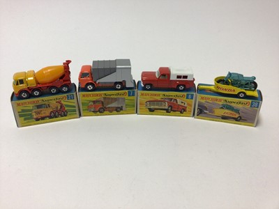 Lot 202 - Matchbox 1-75 Series Superfast models No.21 Foden Concrete Truck, No.7 Ford Refuse Truck, No.6 Ford Pick-Up, No.59 Fire Chief Car, No.38 Honda Motorcycle with Trailer, No.9 Boat with Trailer, No.32...