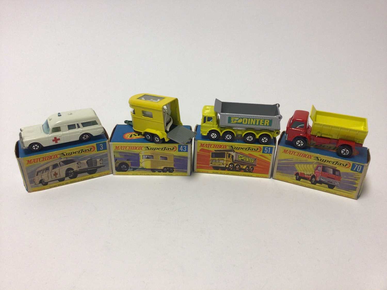 Lot 203 - Matchbox 1-75 Series Superfast models No.43 Pony Trailer, No.3 Mercedes Benz Ambulance, No.51 8 wheel Tipper, No.42 Iron Fairy Crane, No.2 Mercedes Trailer, No.47 Daf Tipper Container Truck, No.58...