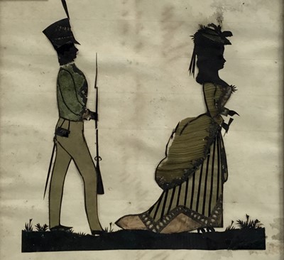 Lot 155 - Early 19th century silhouette collage, paper cut and fabric coloured of a military officer and a lady, 25cm x 23cm