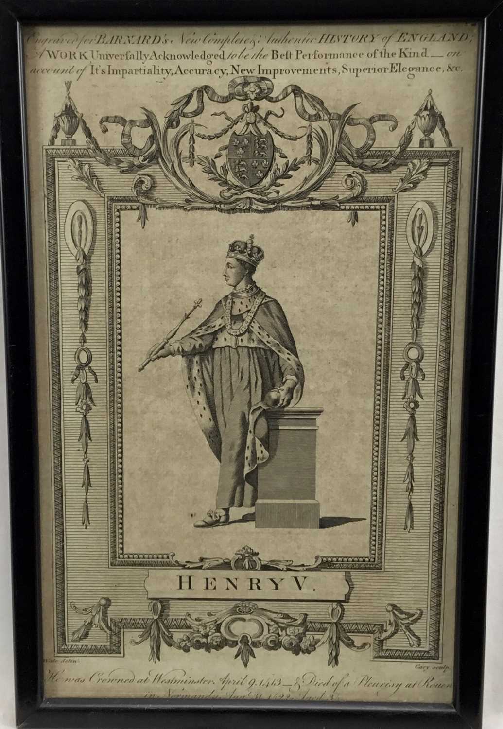 Lot 91 - Pair of 19th century engravings of King Henry V and King Henry VII, 33cm x 20.5cm and 30cm x 18.5cm in ebonised frames