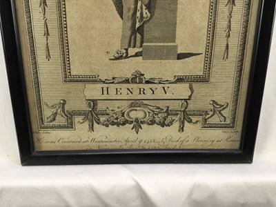 Lot 91 - Pair of 19th century engravings of King Henry V and King Henry VII, 33cm x 20.5cm and 30cm x 18.5cm in ebonised frames