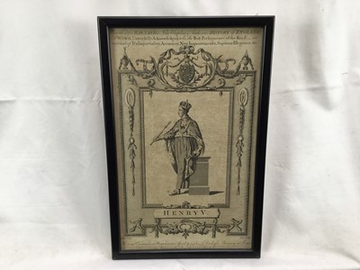 Lot 91 - Pair of 19th century engravings of King Henry V and King Henry VII, 33cm x 20.5cm and 30cm x 18.5cm in ebonised frames