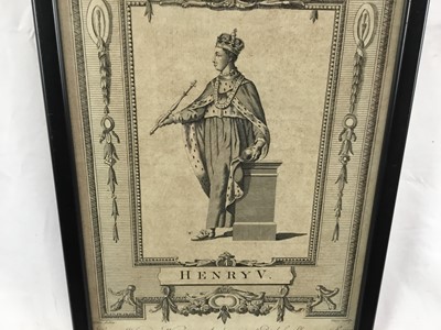 Lot 91 - Pair of 19th century engravings of King Henry V and King Henry VII, 33cm x 20.5cm and 30cm x 18.5cm in ebonised frames
