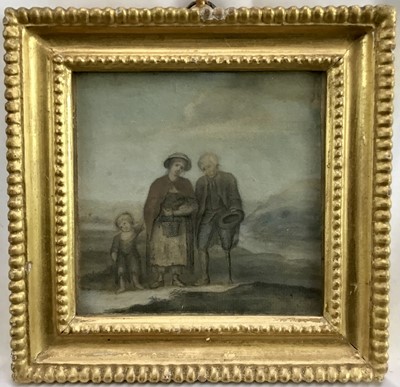 Lot 141 - 18th/19th century Naive school pastel study of an impoverished family, the man with the peg leg, 11.5cm x 11.5cm, in gilt frame