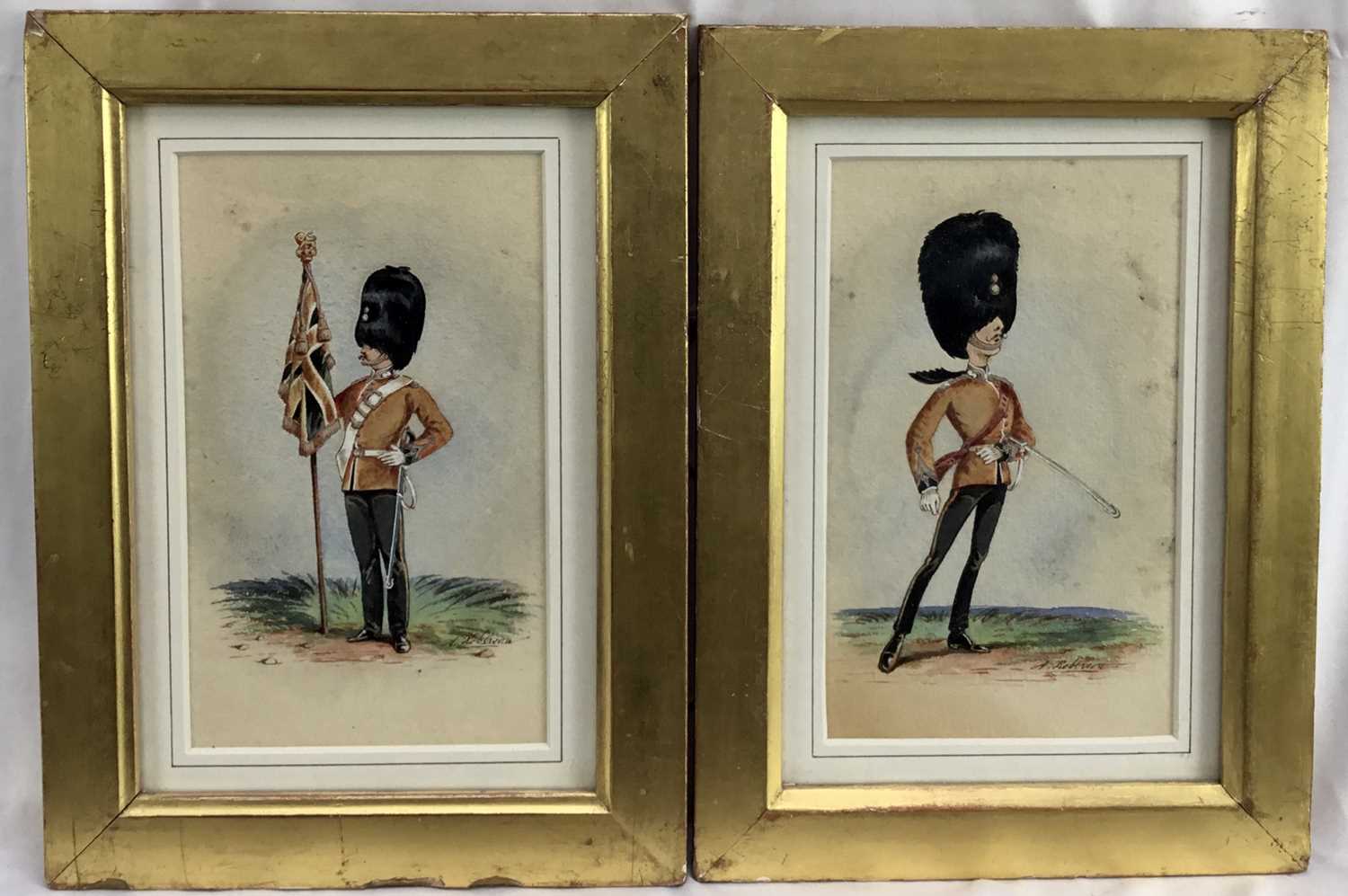 Lot 140 - A. Roberson (British) pair of late 19th century watercolour caricatures - 23rd Regiment Welsh Royal Fusiliers, Officer with Queens Colour and Subaltern Officer in full dress, 16.5cm x10cm in gilt f...