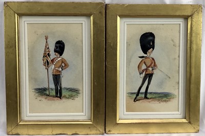 Lot 140 - A. Roberson (British) pair of late 19th century watercolour caricatures - 23rd Regiment Welsh Royal Fusiliers, Officer with Queens Colour and Subaltern Officer in full dress, 16.5cm x10cm in gilt f...