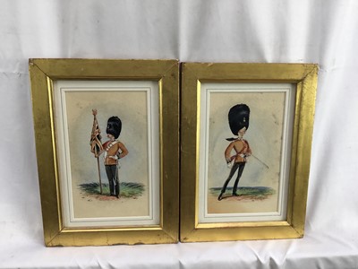 Lot 140 - A. Roberson (British) pair of late 19th century watercolour caricatures - 23rd Regiment Welsh Royal Fusiliers, Officer with Queens Colour and Subaltern Officer in full dress, 16.5cm x10cm in gilt f...