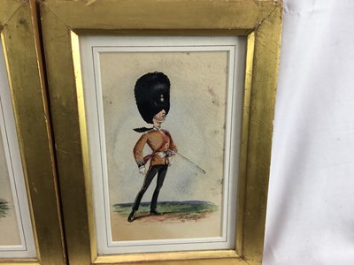 Lot 140 - A. Roberson (British) pair of late 19th century watercolour caricatures - 23rd Regiment Welsh Royal Fusiliers, Officer with Queens Colour and Subaltern Officer in full dress, 16.5cm x10cm in gilt f...