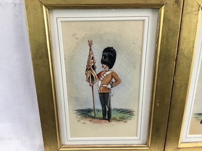 Lot 140 - A. Roberson (British) pair of late 19th century watercolour caricatures - 23rd Regiment Welsh Royal Fusiliers, Officer with Queens Colour and Subaltern Officer in full dress, 16.5cm x10cm in gilt f...