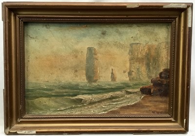 Lot 142 - Late 19th/ early 20th century Naive school oil on board - Old Harry's Rocks near Swanage, Dorset, signed with initials, inscribed verso, 14cm x 21.5cm