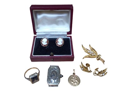 Lot 196 - 9ct gold cultured pearl fern brooch and matching pair of screw back earrings, 9ct gold St. Christopher pendant, 14k white gold blue stone dress ring and an Art Deco 18ct white gold watch