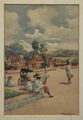 Lot 134 - A. Ramiandraso (African/ Madagascan School) pair of watercolours - Village scenes, both signed, 28cm x 19cm, in ebonised frames