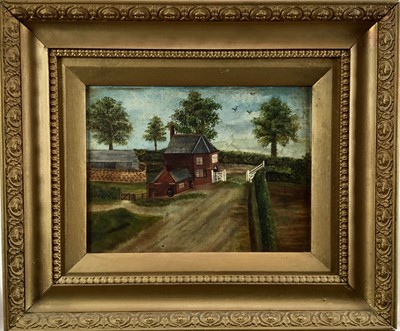 Lot 84 - Victorian Naive school oil on canvas - Tollhouse and road in a landscape, in gilt frame