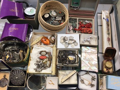 Lot 1052 - Group of vintage costume jewellery including a filigree necklace, silver zodiac bracelet, charm bracelets, silver horse brooch, stop watch and other bijouterie