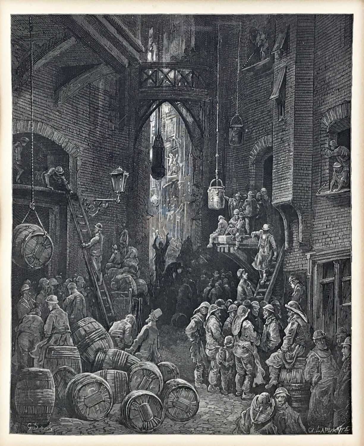 Lot 79 - Charles Laplante (1837-1903) woodblock after Gustave Doré - A River side-street, 1872, 26cm x 21cm, framed