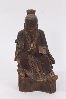 Lot 955 - Chinese carved wood and polychrome painted figure of a sage