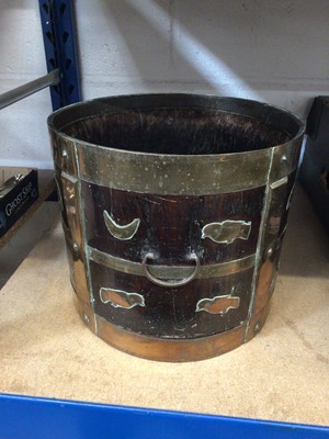 Lot 84 - 19th century Anglo Indian wood and brass bound bucket, birds and animals applied to the exterior, loop handles