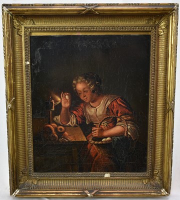 Lot 1351 - Dutch School, late 19th century, oil on tin panel - A girl candling eggs, signed Schalken, 24cm x 20.5cm, in gilt frame