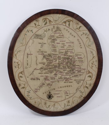 Lot 922 - George III oval silk embroidered map of the United Kingdom, dated 1796
