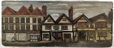 Lot 247 - Charming Late 19th or early 20th century naive oil on board, street scene with views of The Rose Inn, Ye Olde Bush Hotel 1760, John Mogg and Heelas Sons and Co 1720. 30.5x73cm