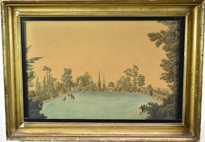 Lot 1273 - English School, early 19th century, watercolour on paper laid onto canvas - A bowling green with figures playing lawn bowls, Cathedral spires in the distance, 33cm x 49cm, in period gilt frame