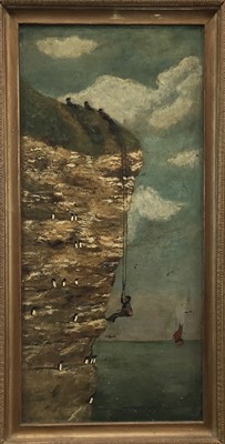 Lot 209 - Naive school late 19th century. Oil on copper study, figures abseiling to collect Guillemot eggs, inscribed to copper and re-annotated to frame verso “Raiding Guillemot Nests, Dunnet Head, Stromnes...