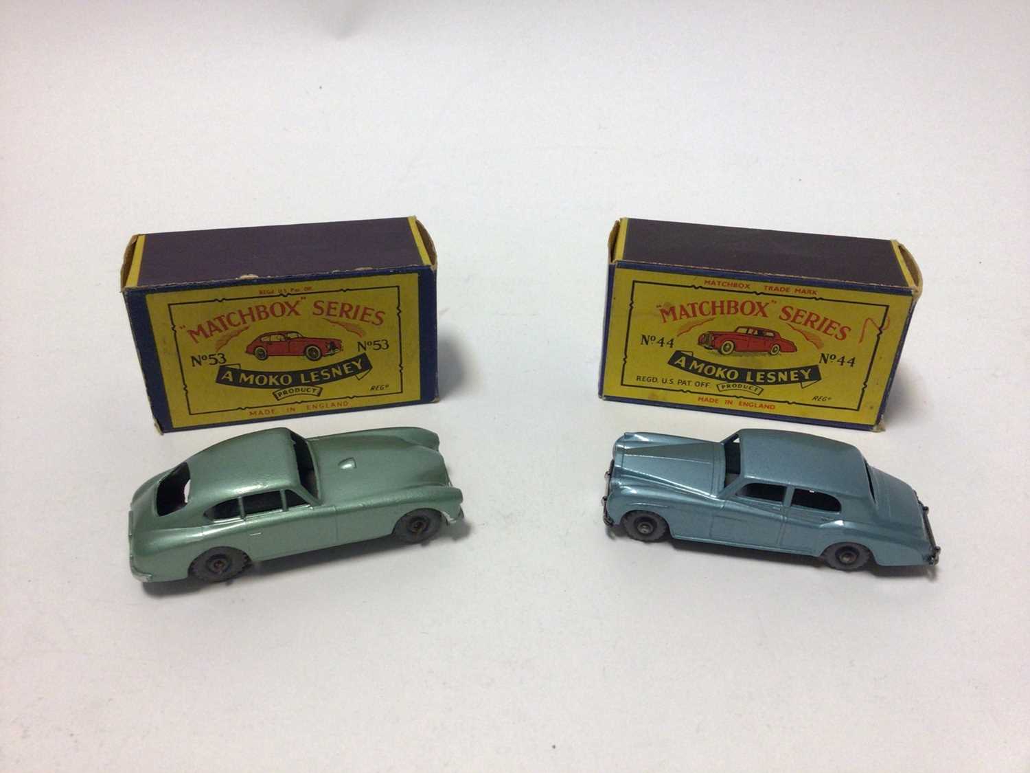 Lot 209 - Matchbox Moko Lesney No.65 3.5 litre Jaguar, No.66 DS19 Citroen (end flap of box missing), No.44 Rolls "Silver Ghost", No.53 Aston Martin, all boxed (4)