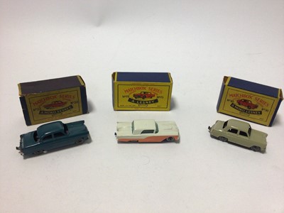 Lot 210 - Matchbox Moko Lesney No.30 Ford Prefect, No.45 Vauxhall Victor, No.46 Morris Minor 1000, No.33 Ford Zodiac and Lesney No.75 Ford Thunderbird, all boxed (some have damage) (5)