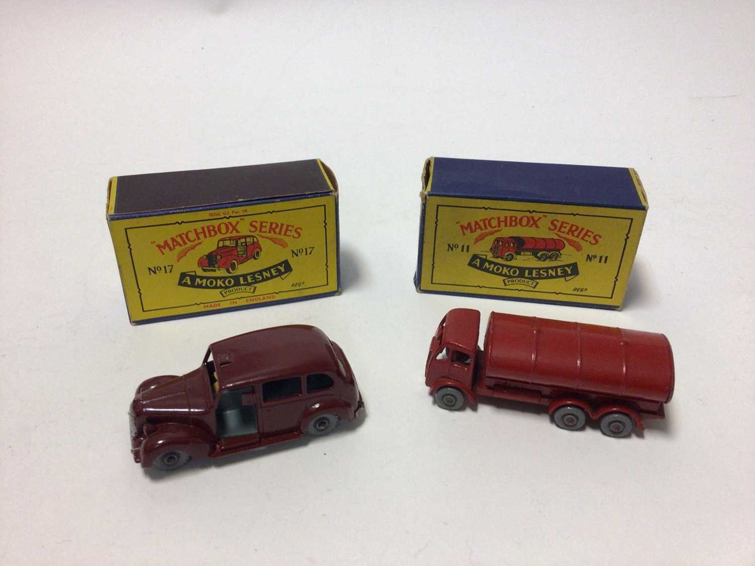 Lot 211 - Matchbox Moko Lesney No.29 Milk Van, No.7 Milk Float, No.11 Petrol Tanker, No.17 Metropolitan Taxi, all boxed (4)