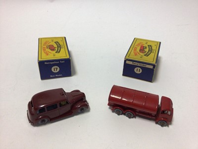 Lot 211 - Matchbox Moko Lesney No.29 Milk Van, No.7 Milk Float, No.11 Petrol Tanker, No.17 Metropolitan Taxi, all boxed (4)