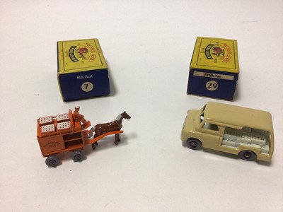 Lot 211 - Matchbox Moko Lesney No.29 Milk Van, No.7 Milk Float, No.11 Petrol Tanker, No.17 Metropolitan Taxi, all boxed (4)