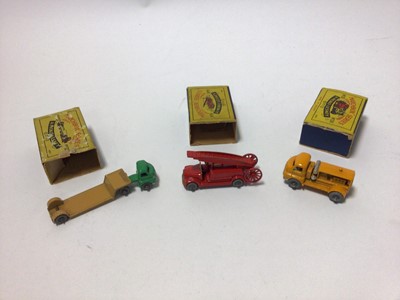 Lot 214 - Matchbox 1-75 Series Moko Lesney No.3 Cement Mixer, No.28 Compressor lorry, No.8 Caterpillar Tractor, No.27 Bedford Low Loader, No.9 Fire Escape (Dennis), all boxed (5)