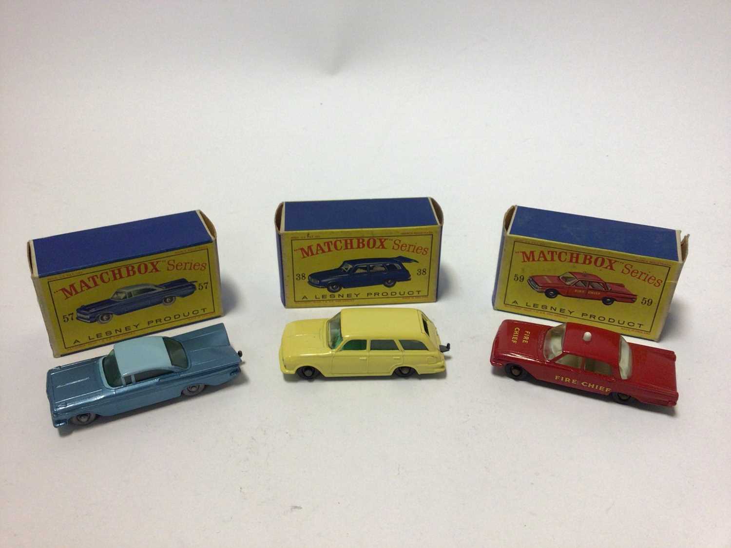 Lot 217 - Matchbox 1-75 Series No.59 Fire Chiefs Car, No.57 Chevrolet Impala, No.45 Vauxhall Victor, No.53 Mercedes benz Coupe, No.25 Volkswagen Sedan, No.38 Vauxhall Victor Estate Car, all boxed (6)