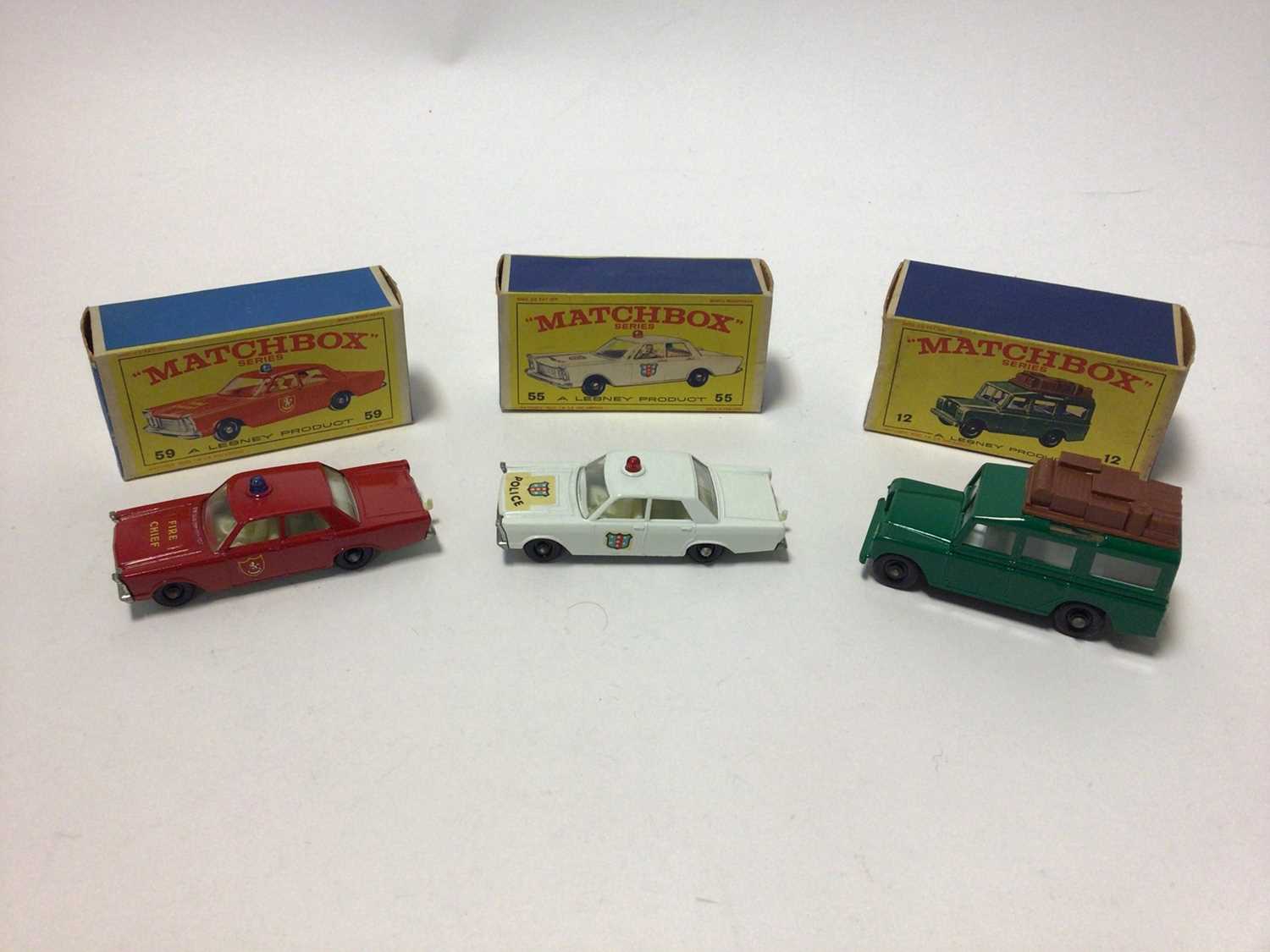 Lot 219 - Matchbox 1-75 Series No.12 Dafari Land Rover, No.4 Foes GT Racing Car, No.55 Police Car, No59 Polic Car, No.59 Fire Chief Car, No.27 Mercedes Benz 230SL, No.25 Ford Cortina, all boxed (6)