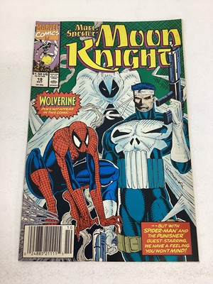Lot 75 - Small group of Marvel comics Marc Spector Moon Knight 1989 - 1994. To include first issue and issue 19 featuring Spider-Man and The Punisher.